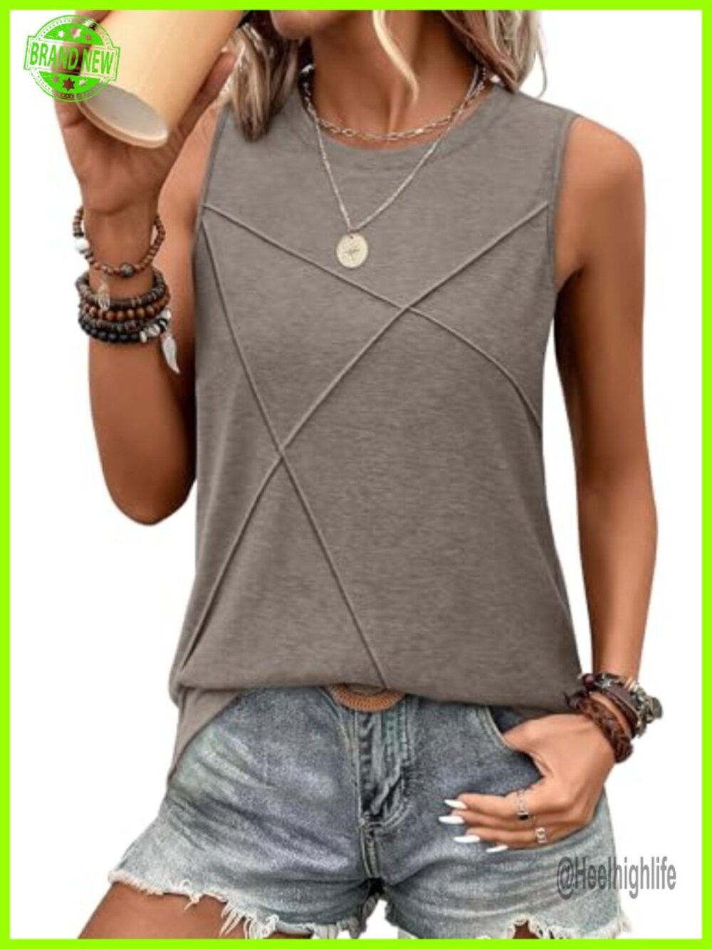 WIHOLL Sleeveless Crewneck Loose Fit Tank Top Textured Line Women's